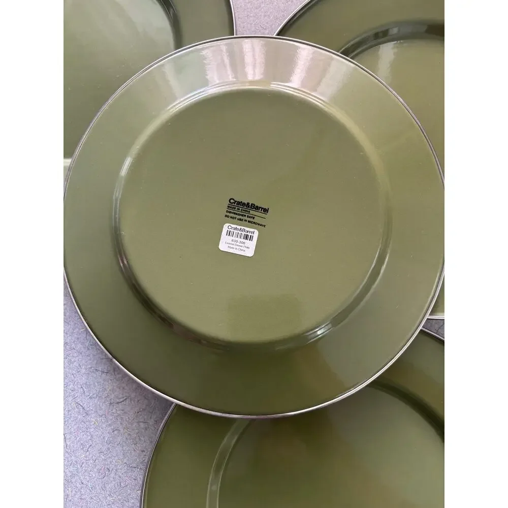 Set of 4 Crate and Barrel Enamelware Dinner Plates Sage Green